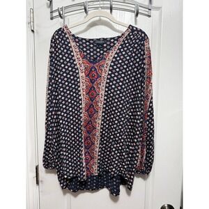 Lucky Brand Womens Plus Size 1X Long Sleeve Tunic Top Boho Print Navy Red